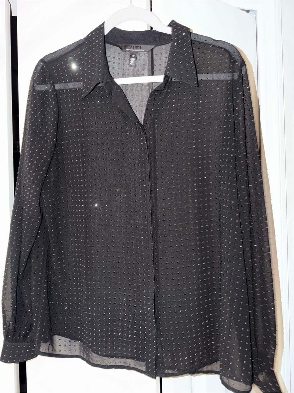White House Black Market Black Semi-Sheer Dot-Textured Button Down Blouse